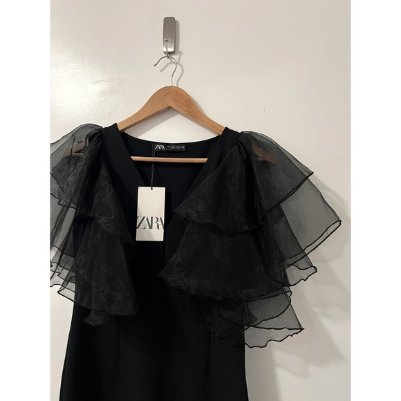 Zara Black Mini Dress Organza Ruffle Sleeve V Neck Party Cocktail Elegant - Picture 3 of 6